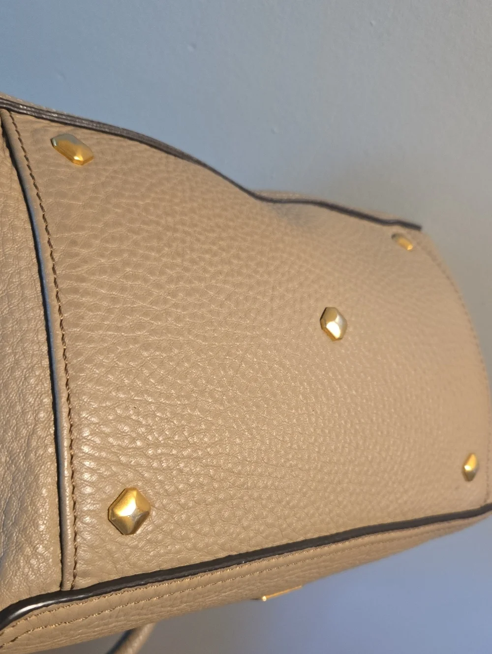 MCM Pebbled Taupe Leather Satchel with Gold Plaque